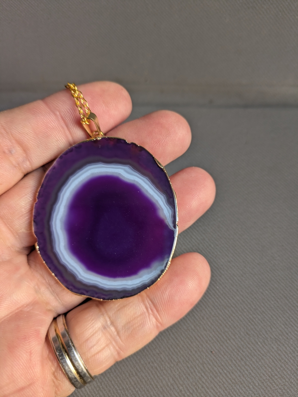 Gold-Trim Purple Agate Slice Pendant Necklace